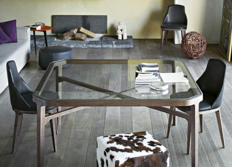 Tisch Stühle rechteckig Glasplatte Kunstfell Hocker Esszimmer einrichten