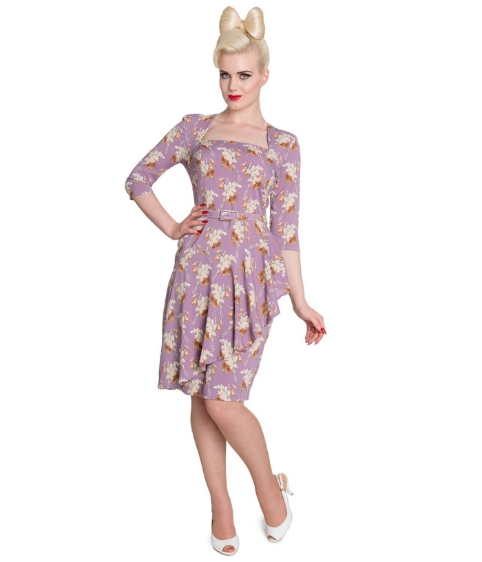 Vintage-Kleid-Carré-Ausschnitt-1940er-Style-Pink-Floral-tailiert-Wasserfall-Effekt-Dress