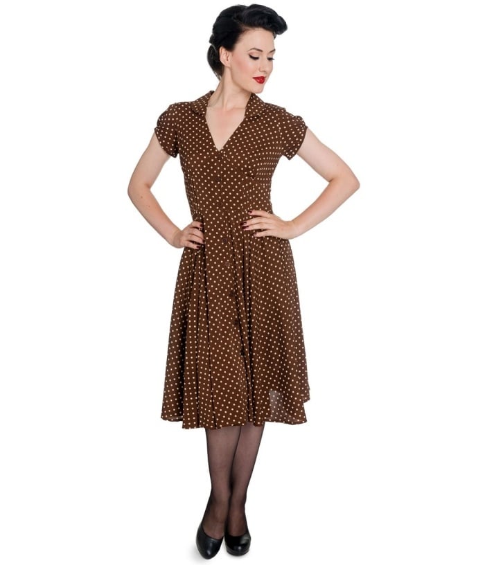 Vintage-Kleider-gepunktet-1940-Style-braun-Harriet-Swingkleid-Rockabilly-Frisur