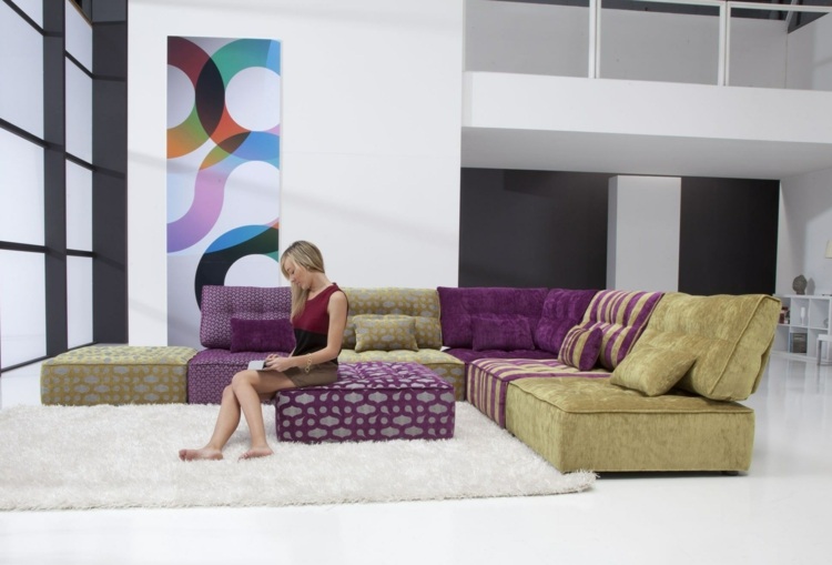 Wohnlandschaften Bettfunktion Sofa Set grün lila Dekostoffe
