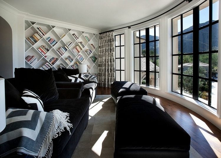 buecherregal-rautenmuster-weiss-modernes-wohnzimmer Dekoration mit Büchern