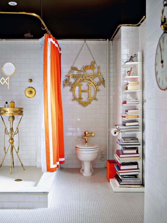 eklektisches-badezimmer-dekoration-ideen-regal-duschvorhang-orange