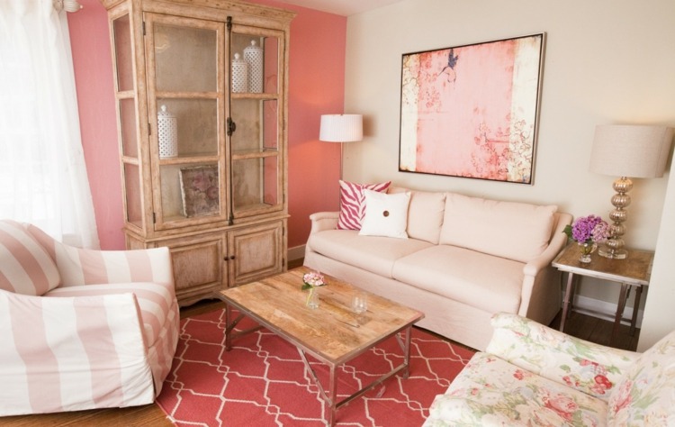 farbe fürs wohnzimmer feminin einrichtung vintage pink koralle buffet