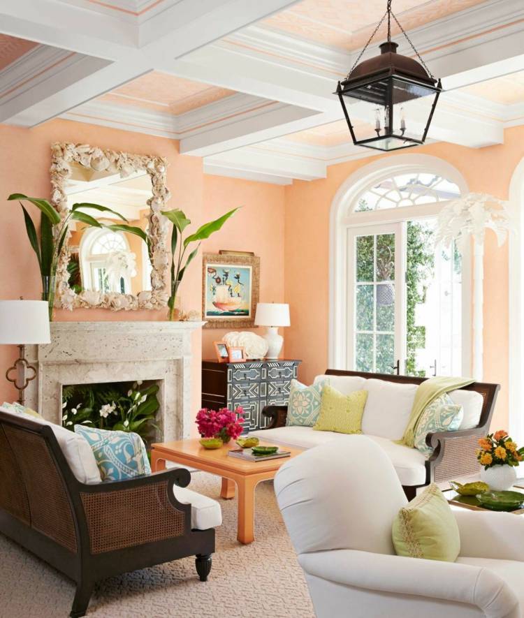 farbe fürs wohnzimmer lachs weiss moebel elegant decke balken