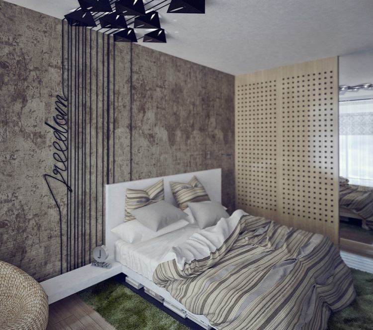 Farbideen fürs Schlafzimmer wand-beton-optik-weisses-bett-gruener-teppich