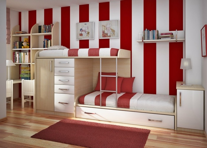 gestreifte-Muster-rot-weiß-Jugendzimmer-mit-zwei-Betten