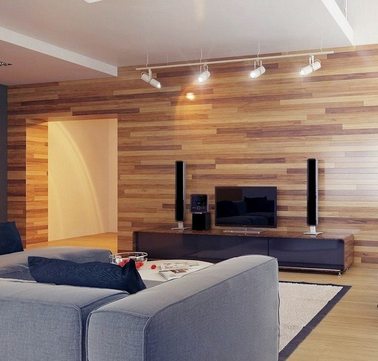 ideen-wohnzimmereinrichtung-holz-wandverkleidung-tv-low-board-graues-sofa