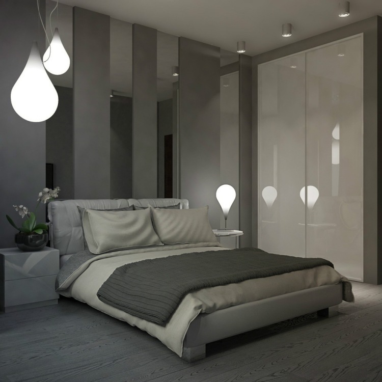 modernes-schlafzimmer-wandgestaltung-graue-wandfarbe-wandspiegel-streifen