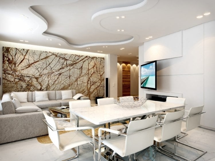 modernes-wohnzimmer-essbereich-weiss-deckengestaltung-wanddeko-fototapete-abstrakte-textur