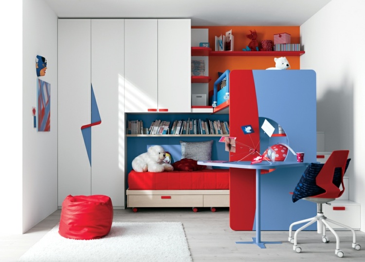  Kinderbetten rot blau Hochschrank Schreibtisch