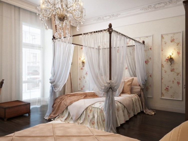 romantische deko ideen schlafzimmer-himmelbett-kronleuchter