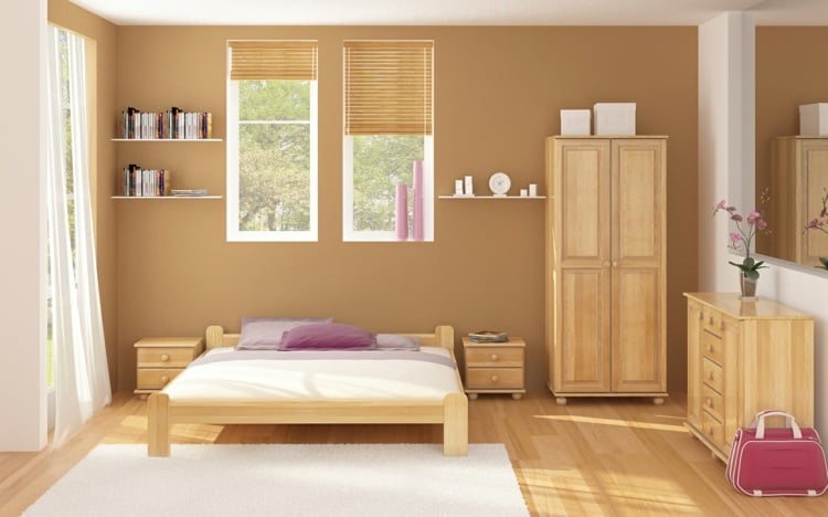 schlafzimmer farbideen braun-wand-gestalten-bett-holz-kleiderschrank