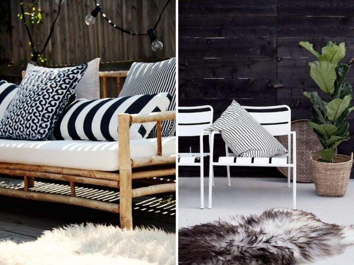 terrassengestaltung-moderne-textilien-schwarz-weiß-dessin-Sofa-Bambus-Untergestell