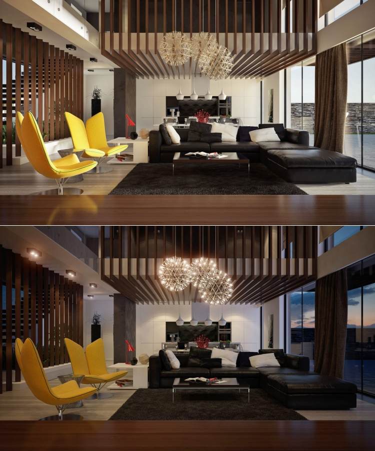Beispiele zum Wohnzimmer einrichten -schwarz-weiss-gelbe-akzente-designer-deckenleuchten