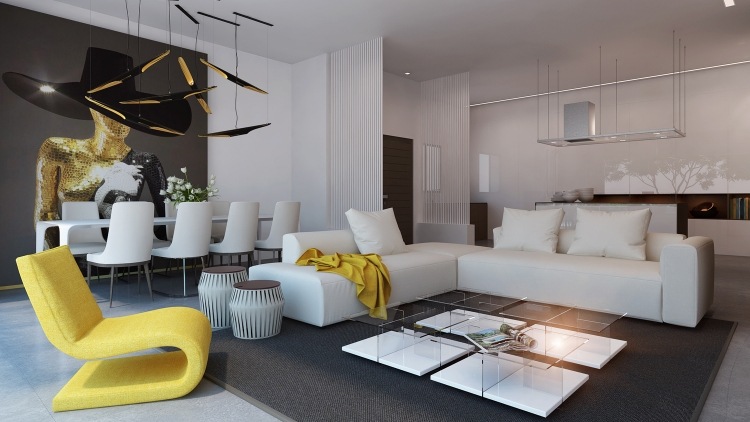 Beispiele zum Wohnzimmer einrichten weisse-moebel-gelbe-akzente-essbereich