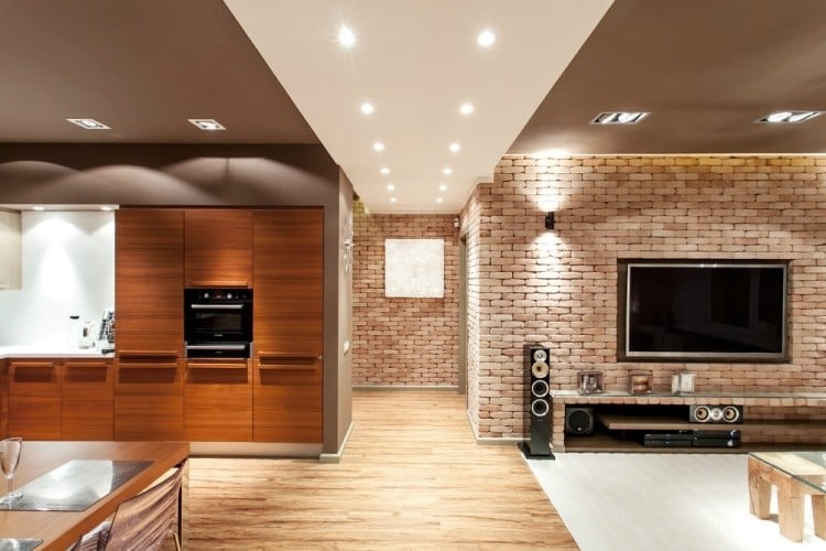 Wohnzimmerwände Ideen -modern-verblendsteine-riemchen-holz-kuechenzeile