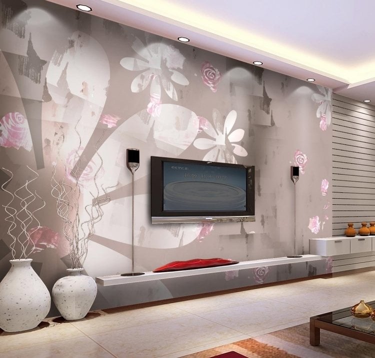 wohnzimmer-wande-tapezieren-ideen-pastellfarben-taupe-rosa-blumenmotive
