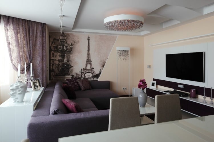 Ideen zur Wohnzimmereinrichtung -modern-feminin-lila-weiss-creme-eiffelturm-fototapete