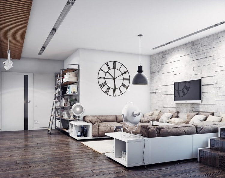 wohnzimmereinrichtung-ideen-modern-sofa-integrierte-regale-steinwand-wand-fernseher-skandinavisch