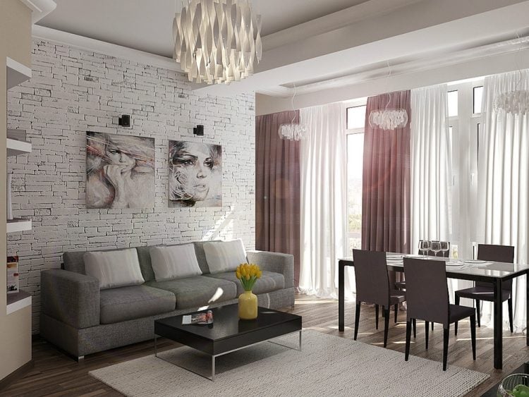 wohnzimmereinrichtung-ideen-weisse-steinwand-graues-sofa-rosa-gardinen-essbereich