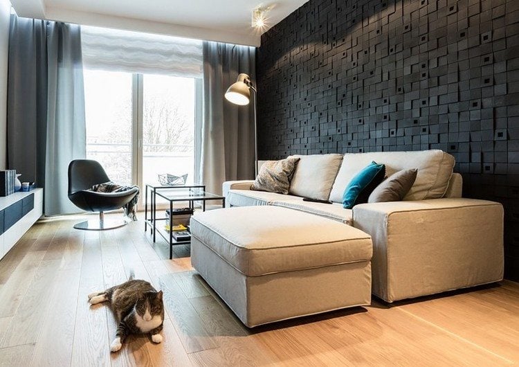 Wohnzimmerwände-Ideen 3d-wandpaneele-schwarz-polstersofa