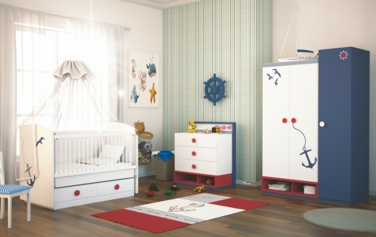 Babyzimmer komplett Möbel maritime Thema Jungen Matrosen Betthimmel