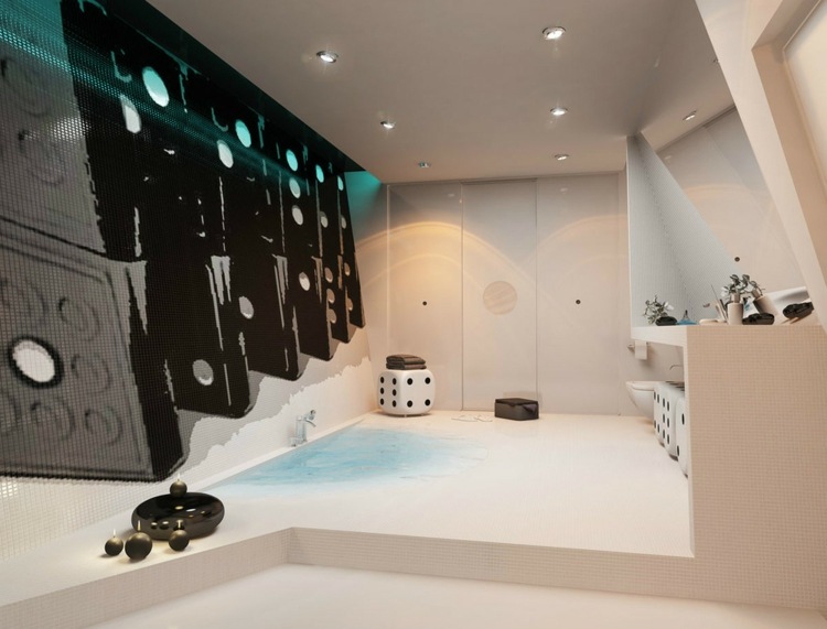 Badezimmer  Gestaltung Wandfliesen Dekoration bodenebene Badewanne