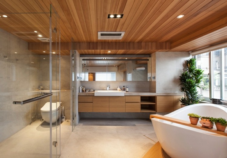 Badezimmer Holzdecke freistehende -Duschkabine Glasfronten