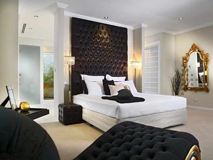 Bettkopfteil-Ideen-schwarz-gepolstert-gesteppt-Optik-luxus-Schlafzimmer