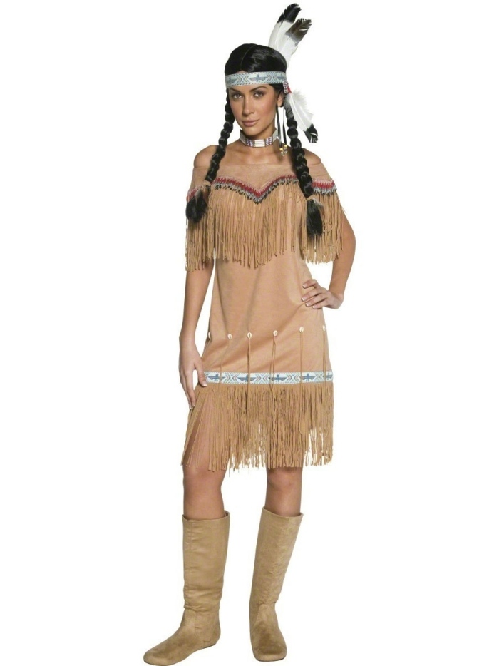 Fasching-Kostüme-für-Damen-Indianerin-Kopfschmuck-Feder-Kleid-Fransen