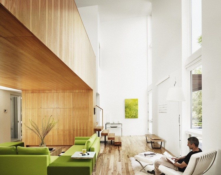 Grün Wohnzimmer Sofa Holz Wandverkleidung Ideen
