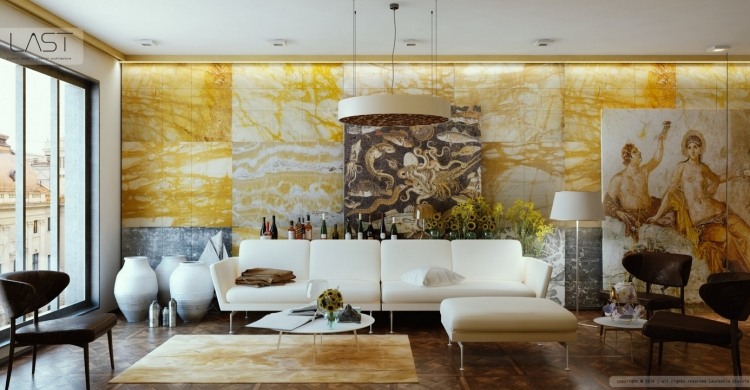 Ideen-Einrichtung-Wohnzimmer-gelbe-Wand-Marmor-Gemälde-klassische-Kunst