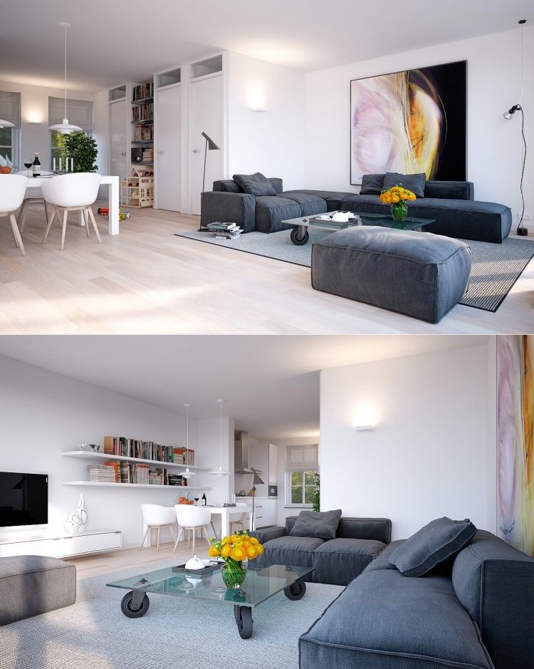 Ideen-zur-Einrichtung-graublaue-Couch-heller-Fußboden-tolle-Farbeffekte