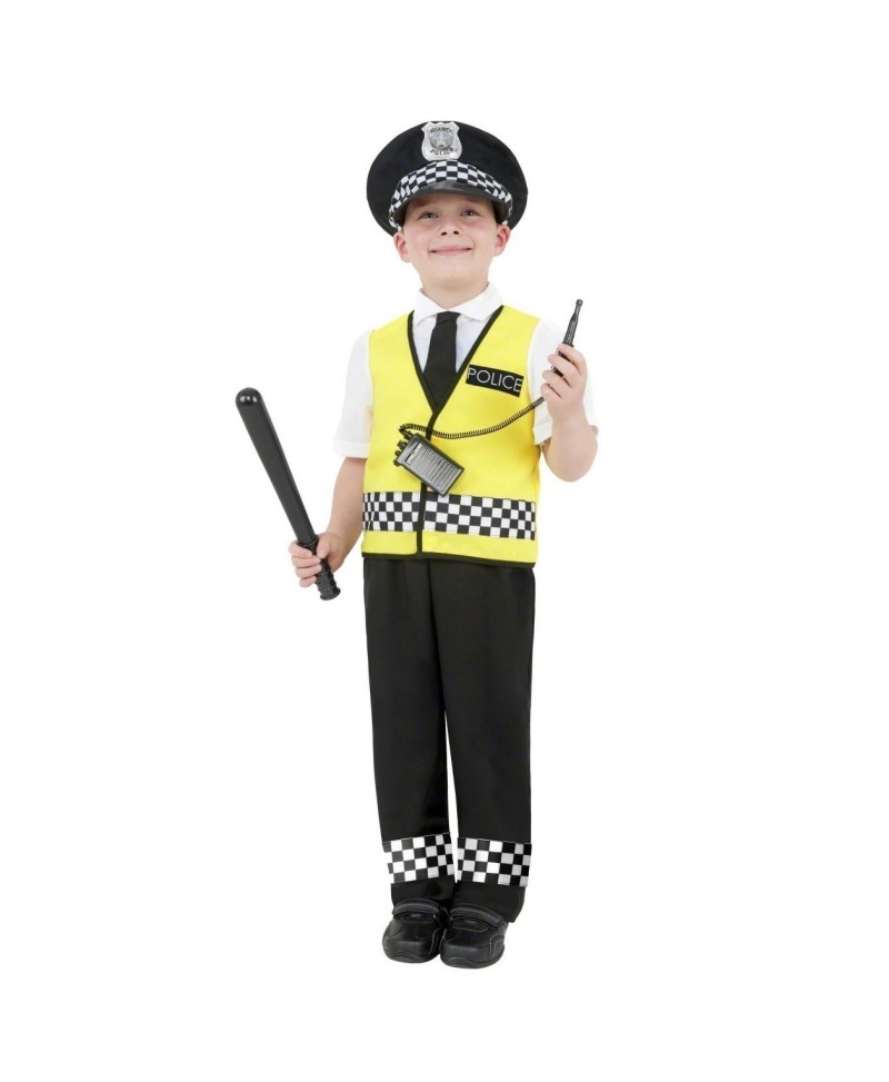 Kinderkostüm-Fasching-englischer-Polizist-Hose-Hemd-Weste-Mütze-Walki-Talki-Polizeiwappen