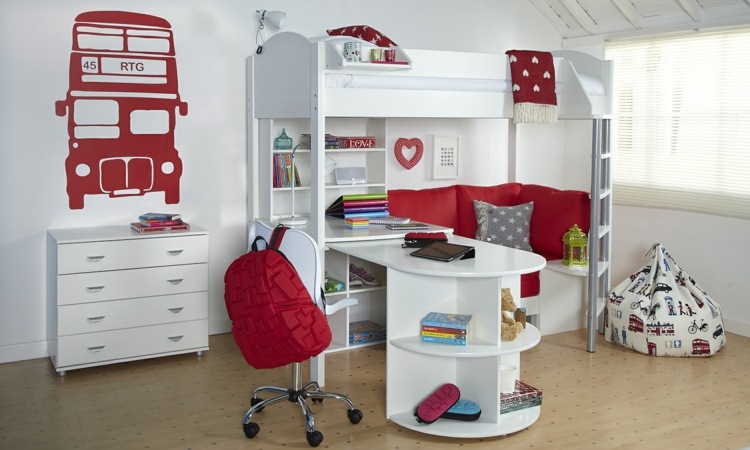 Kinderzimmer Mädchen 2015 rotes Hochbett Sitzecke Wandsticker Schreibtisch