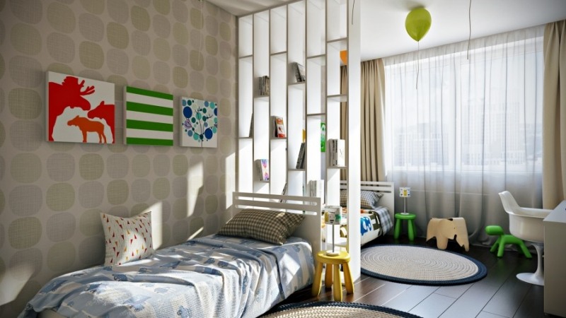 Kinderzimmer-für-Jungen-2015-Akzentfarbe-möbel-neongrün-hocker-trennwand-regal