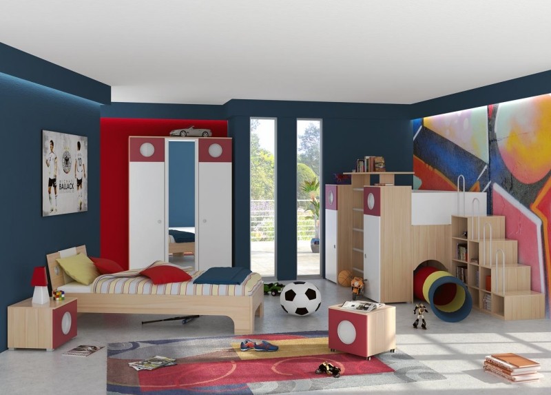 Kinderzimmer-für-Jungen-2015-Möbel-Holz-Wandgestaltung-dunkelblau-rot