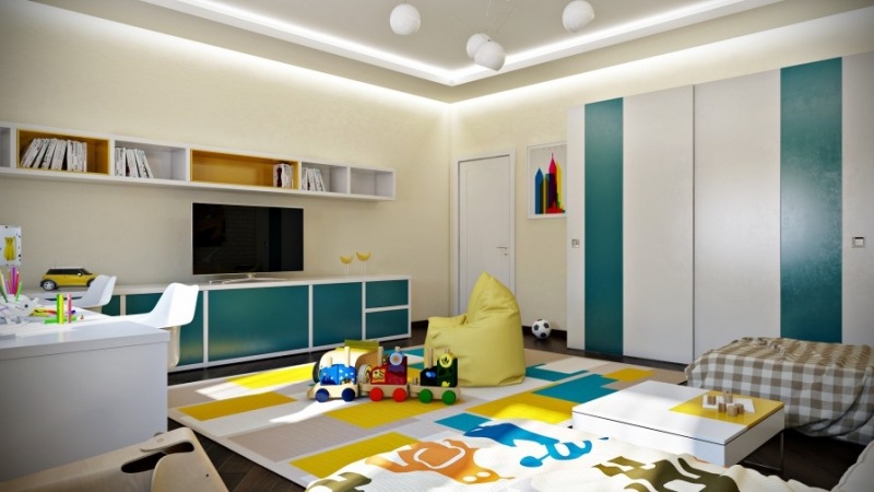 Kinderzimmer-für-Jungen-2015-Trendfarbe-Grün-Schiebetürenschrank-Sitzsack-Gelb