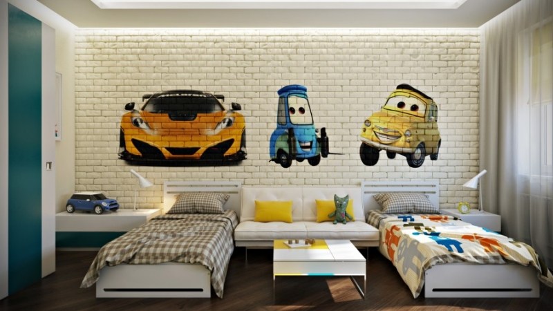 Kinderzimmer-für-Jungen-geschwister-2015-Cars-Wandsticker-Ziegel-Effekt