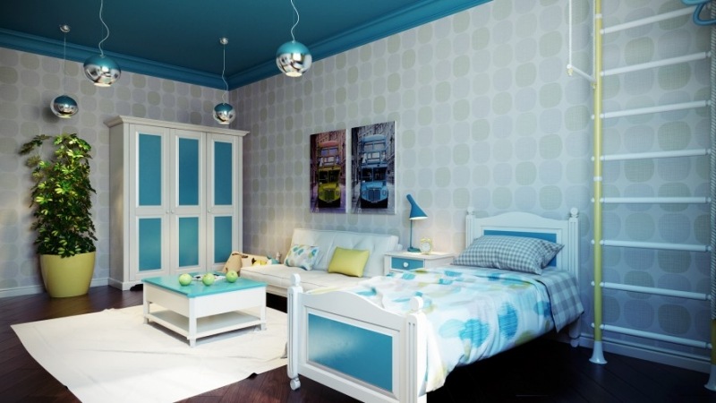 Kinderzimmer-für-Jungs-2015-Wandgestaltung-tapeten-grau-muster-blau-bettwäsche