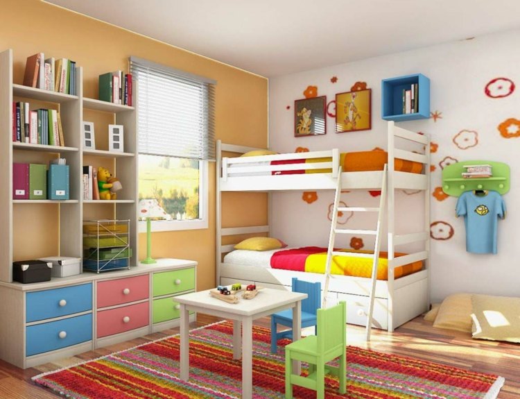 Kinderzimmer gestalten 2015 bunt Hochbett orange Wand Fussball Wandtattoos