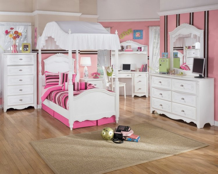 Kinderzimmer gestalten 2015 rosa Streifen Junior Bett Himmel
