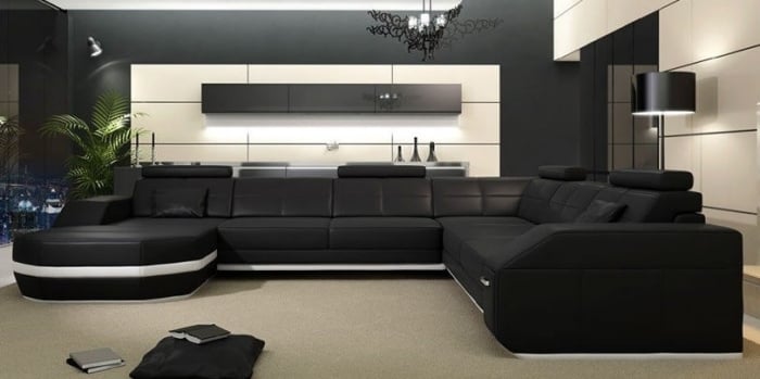 Leder-Ecksofas-riesig-elegantes-Design-schwarz-gepolstert-modern