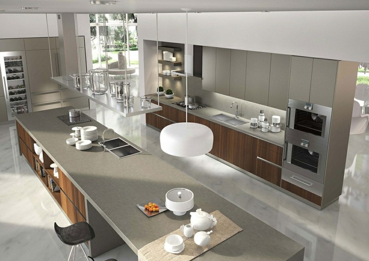 Moderne-modulare-Küche-graue-Farbe-Essplatz-Unterschränke-Buche