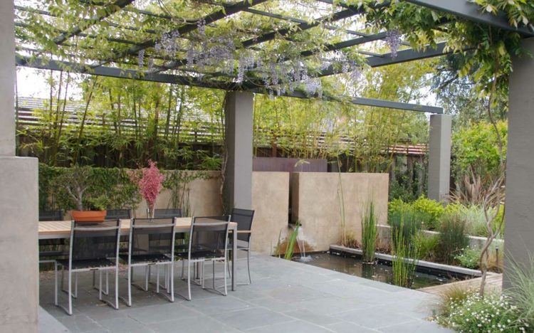 Moderner-Garten-Gartenteich-Terrasse-Pergola-Kletterpflanzen