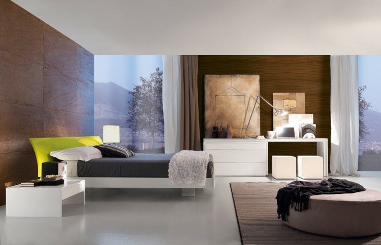 Schlafzimmer Ideen grasgrün Bett Kopfteil moderne Kunst