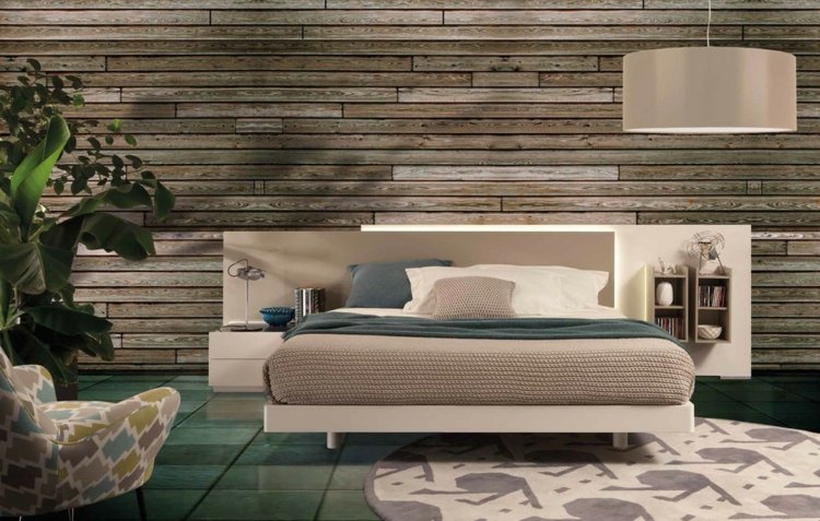 Schlafzimmer Ideen 2015 retro Einrichtung Holzwand Fliesen Sessel Rundteppich