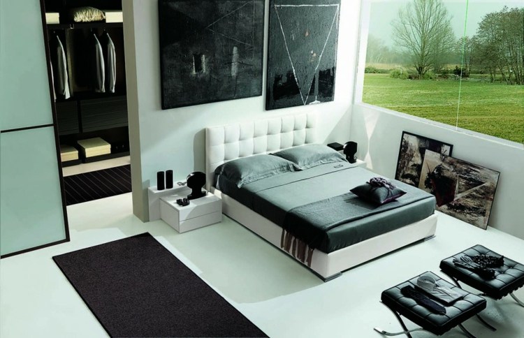 Schlafzimmer Ideen 2015 weißes Leder Bett schwarze Hocker