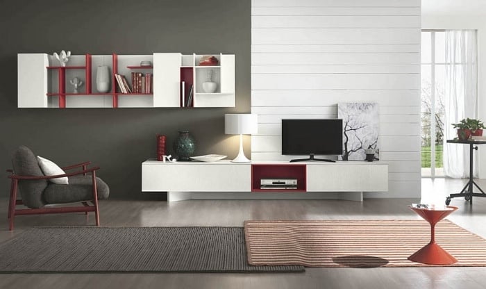 Stilvolle-Wohnwand-Rot-Weiß-Regalsystem-Stauraum-Wohnzimmer-ideen