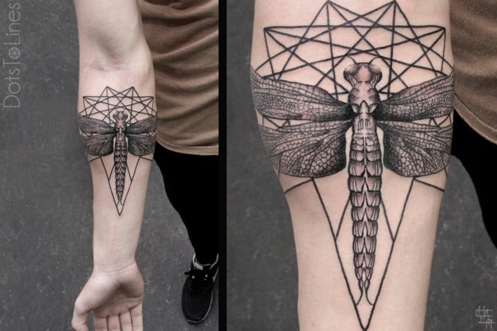 Unterarm-Tattoo-Ideen-Libelle-futuristisch-geometrische-Figuren-Männer